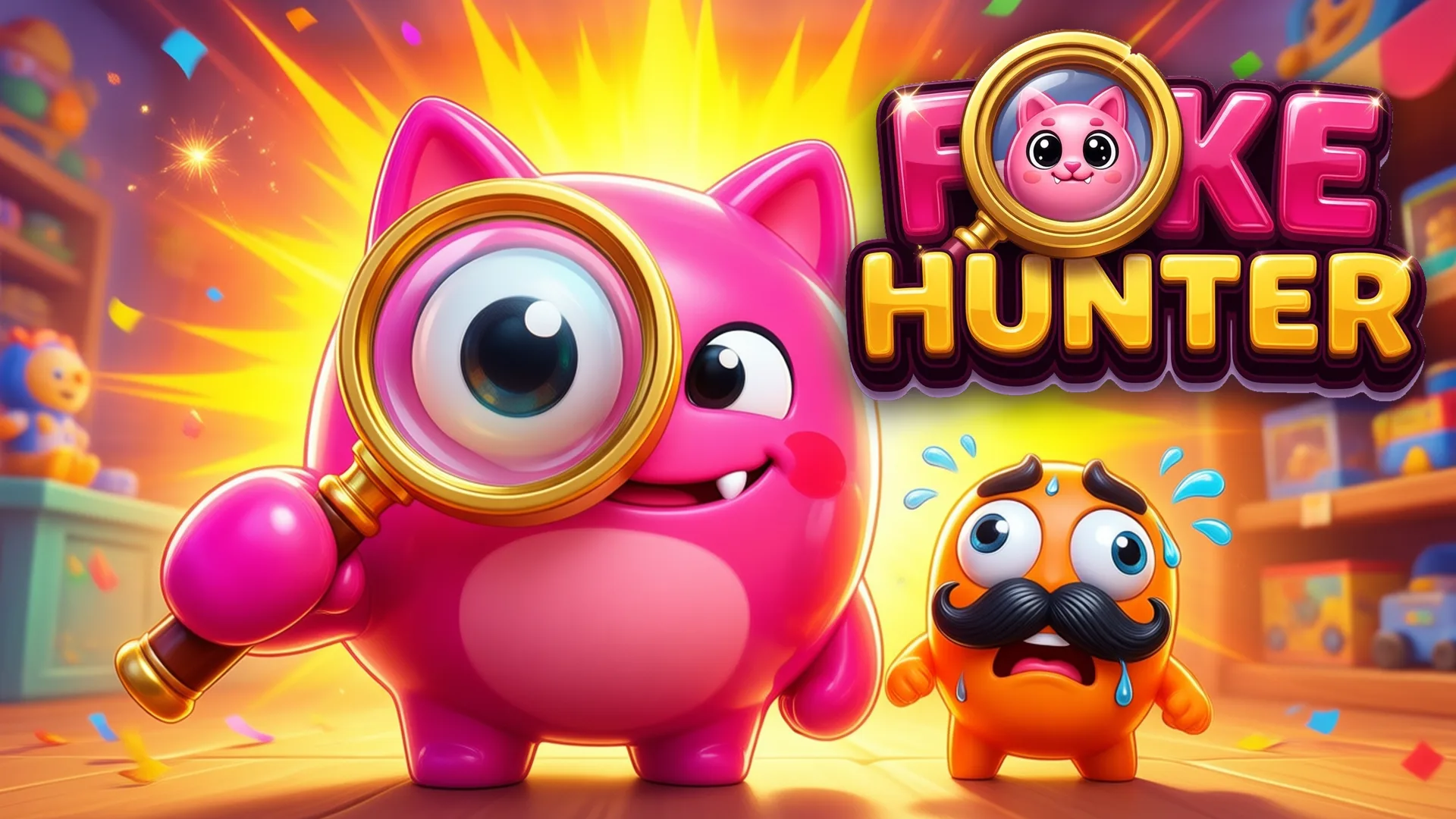 FAKE HUNTER: a shopkeeper inspecting a Blobby figure with a magnifying glass